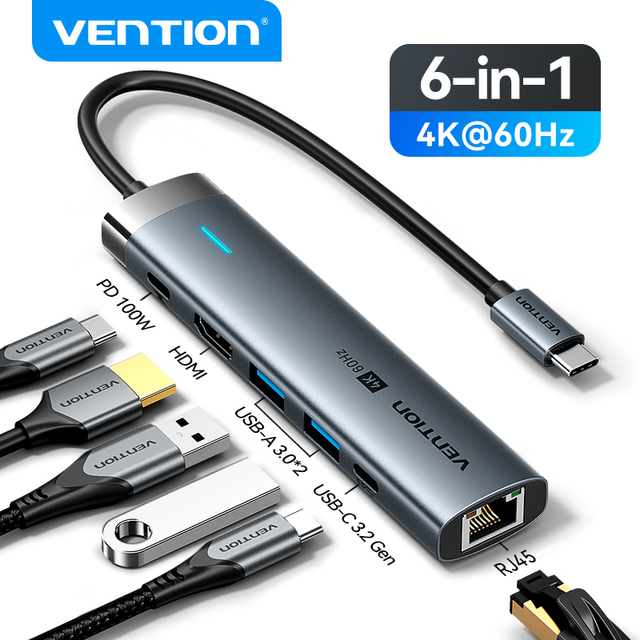 Vention HUB USB-C 5 en 1 — HDMI 4K60Hz, RJ45 Gigabit, PD 100W